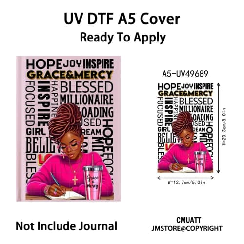 Adesivi UV DTF Grace And Mercy Planner per copertine di quaderni, pronti da applicare, resistenti, per copertine di diari A5, per ragazze di colore.