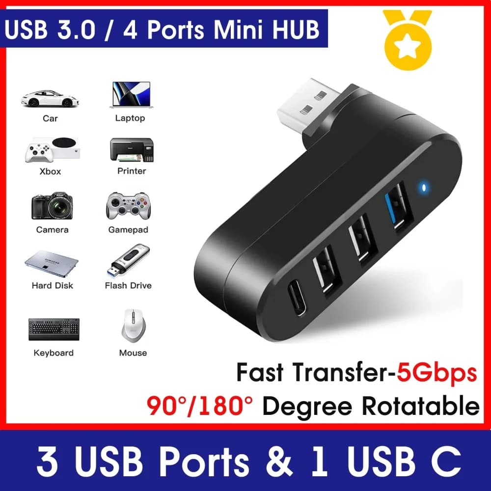 Mini Hub USB 3.0 a 4 Porte, Adattatore Rotante per Trasferimento Dati, Espansore Multiplo per Computer, Laptop, MacBook, Accessori PC
