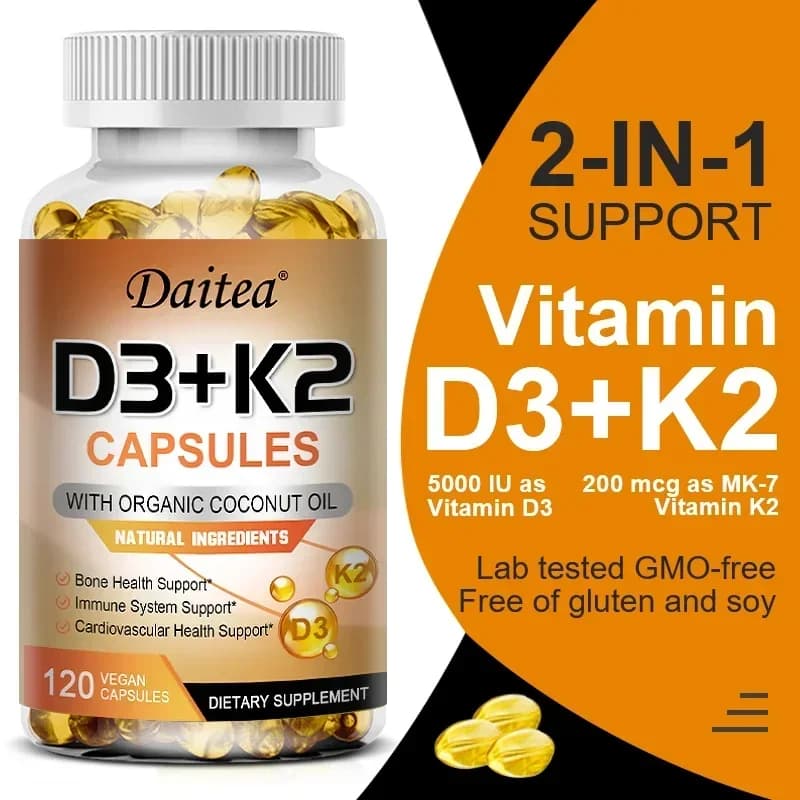 Vegan capsules of vitamin D3 K2 - Organic Coconut Oil - Daily supplement for a healthy immune system, bone, gluten-free and soy