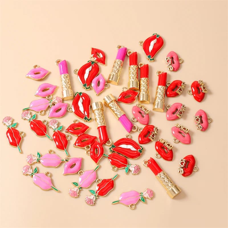 10pcs Cute Mix Enamel Red Lip Lipstick Charms Pendants for Making Drop Earrings Necklaces Bracelet DIY Craft Jewelry Accessories