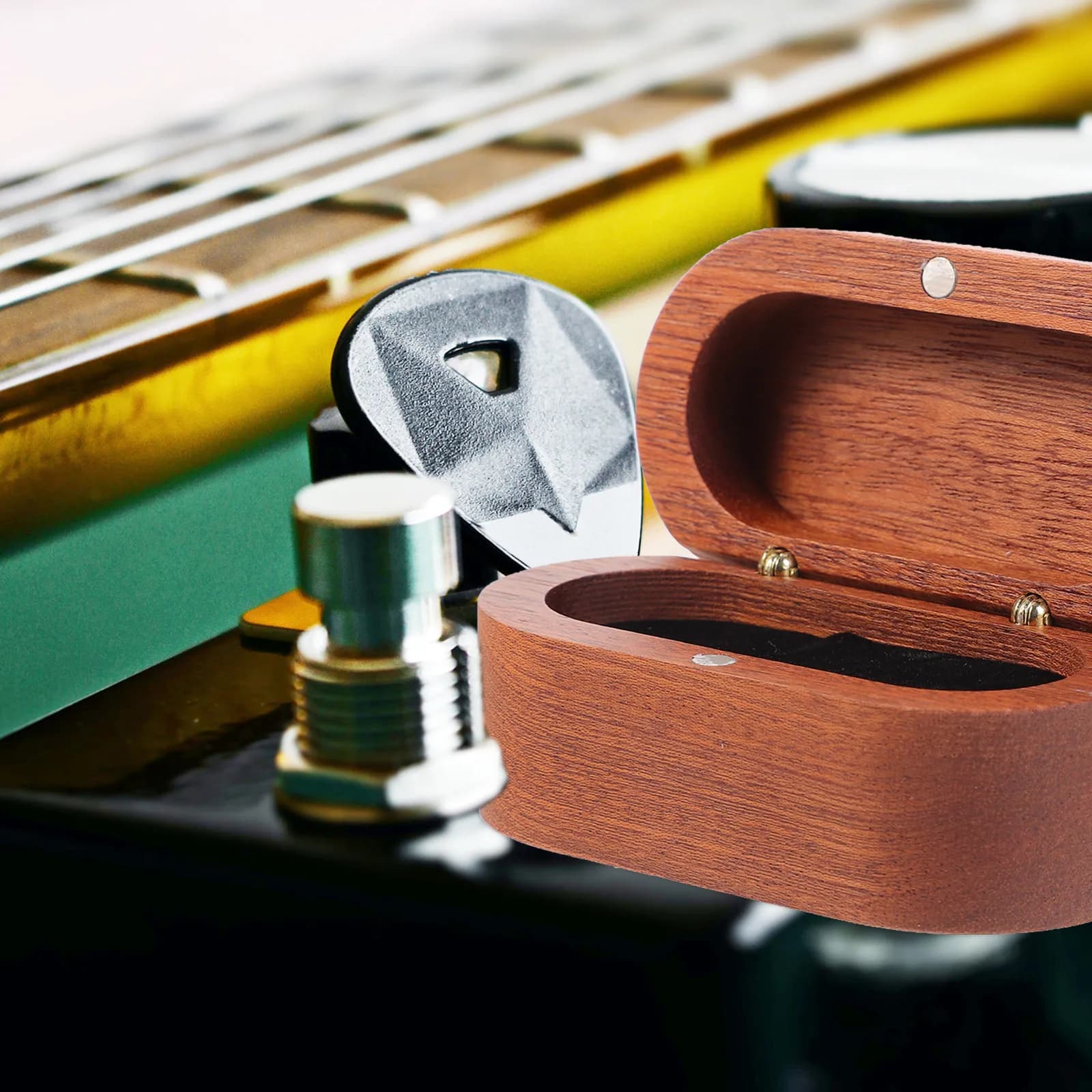 Custodia per plettri da chitarra in legno massello, organizer compatto per plettri, design compatto, superficie liscia e lucida, facile da aprire e chiudere