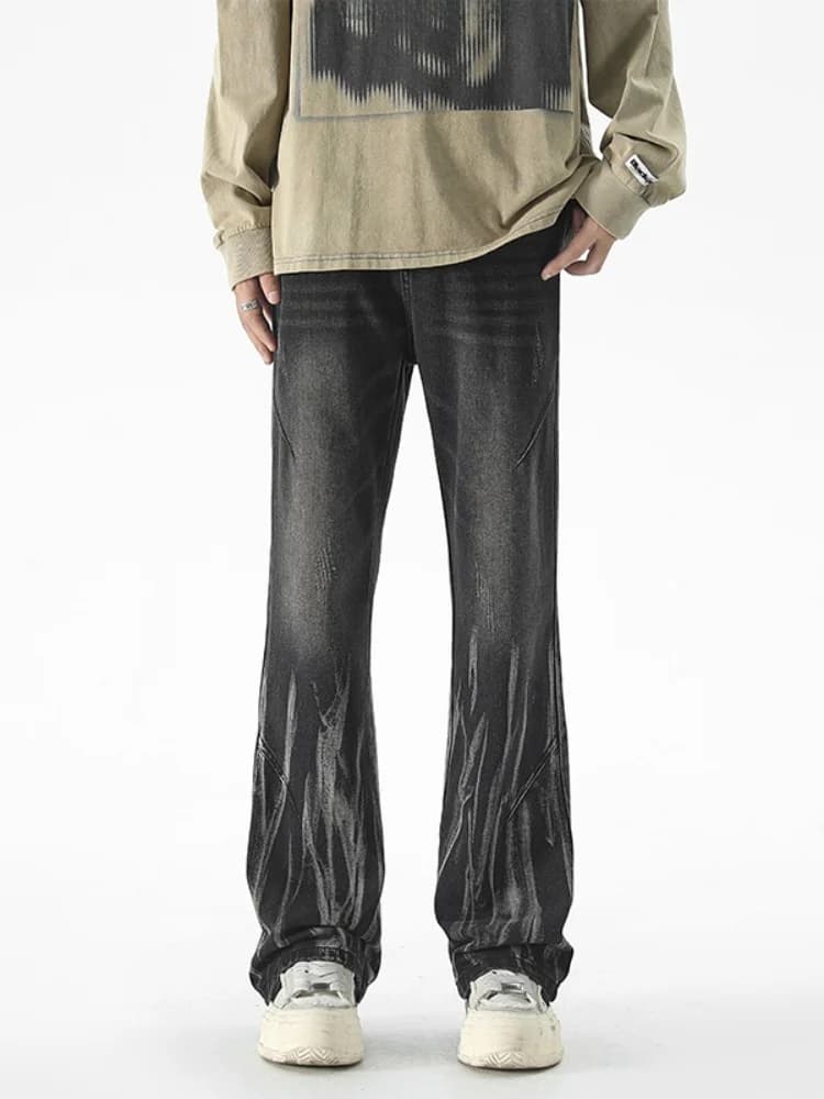 Retro American Denim Jeans Men's Autumn 2024 New Straight Wide Leg Pants Design Patterned Micro Flared Long Trousers