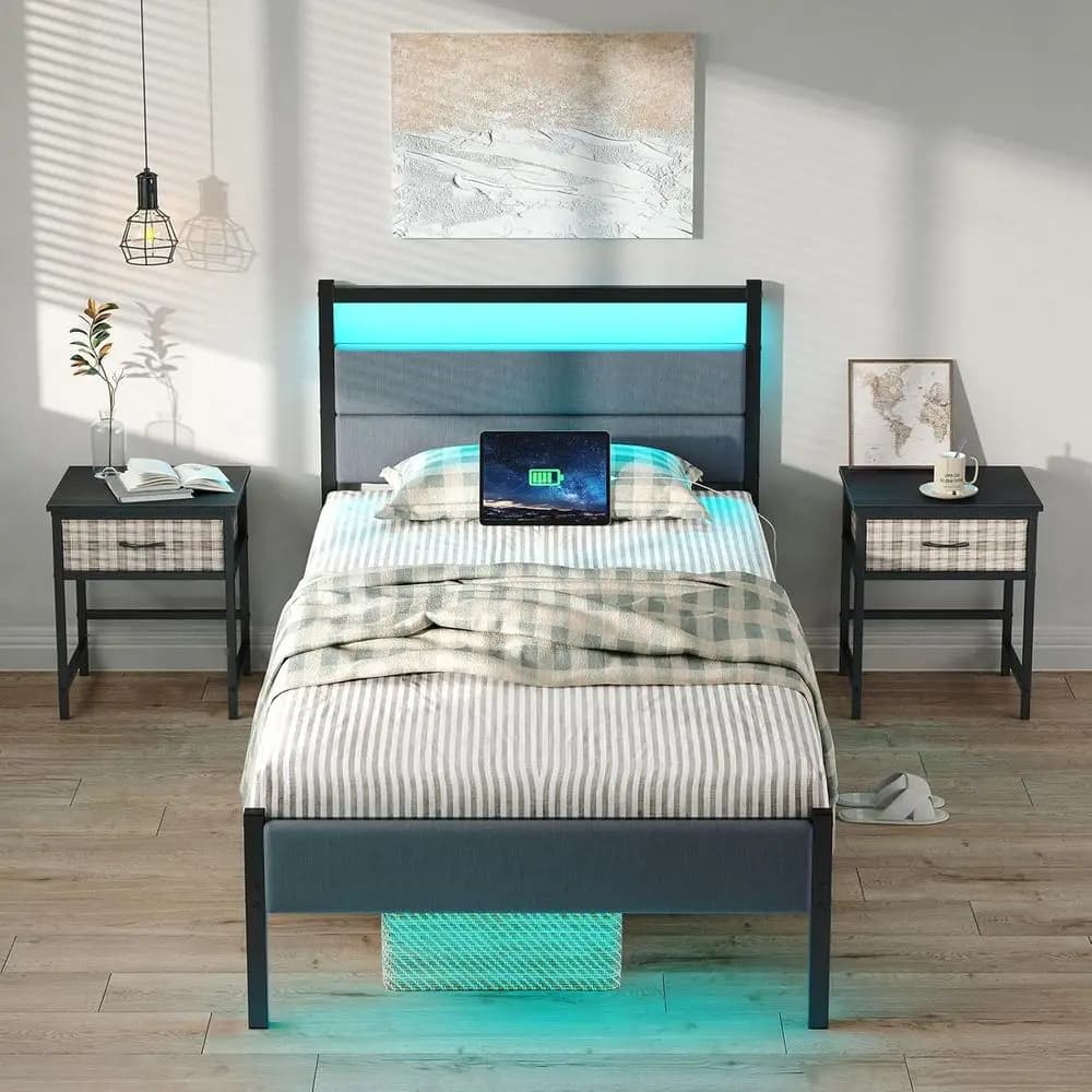 Black single bed with charging station, LED lights, grey padded headboard, container under the bed, durable slats holder, without box