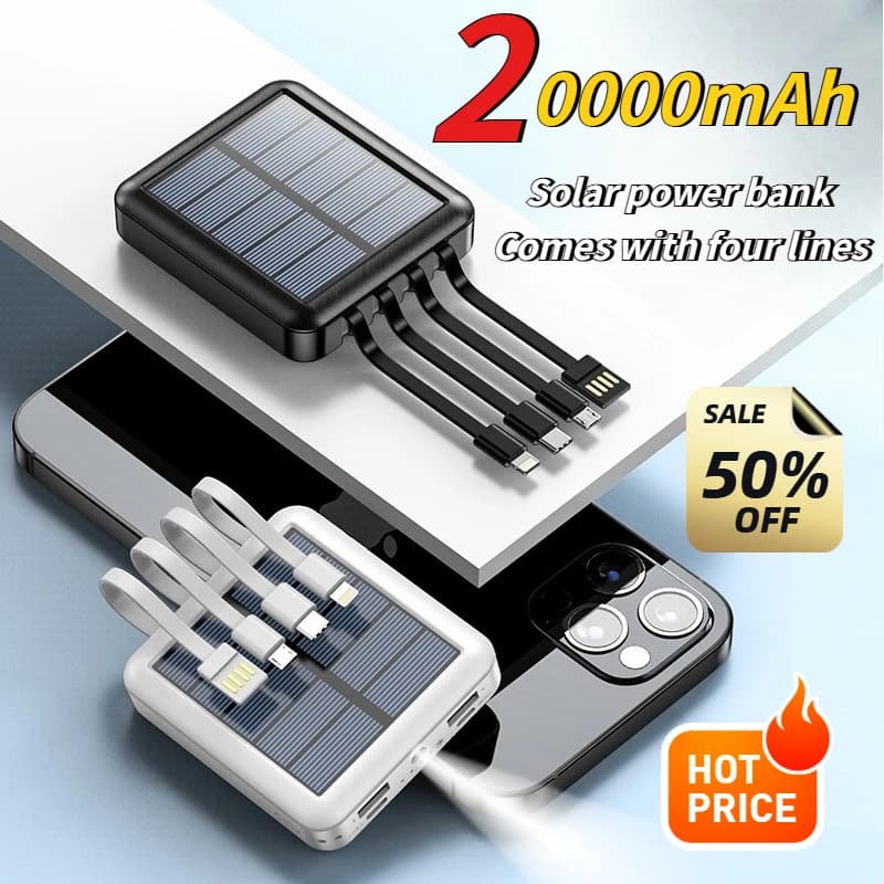 20000mAh Solar Move Power Bank Ricarica super veloce Cavo USB TIPO C Caricatore portatile Illuminazione a LED Power Bank per IPhone Samsung