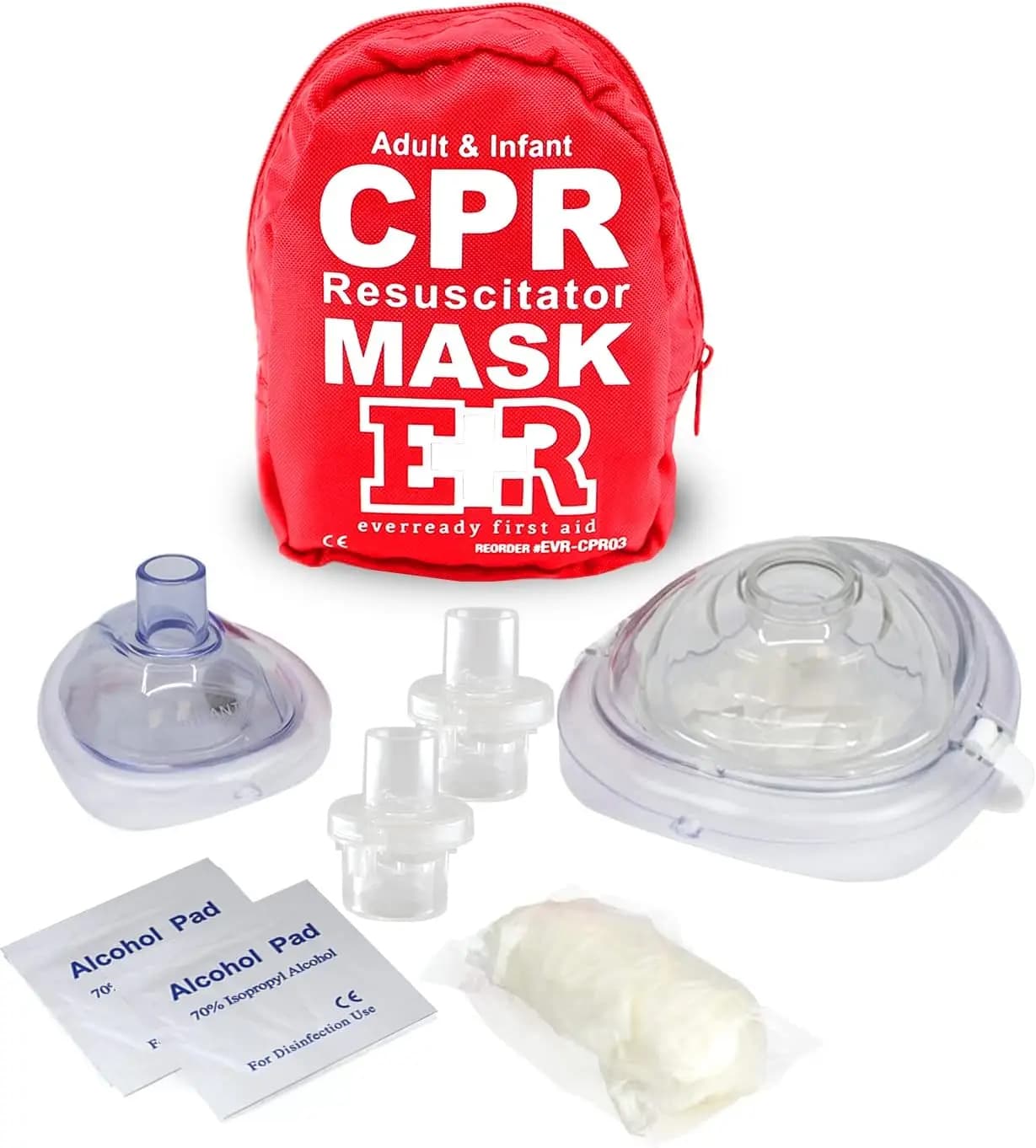 Kit combinato maschera CPR per adulti e neonati – 2 maschere con valvole, guanti, tamponi preparatori – Kit di emergenza portatile, rosso