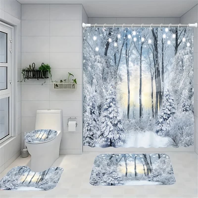 4pcs Beautiful Snow Scene Print Creative Shower Curtain Set, Decorative Bathroom Set Including Waterproof Shower Curtain, Non-