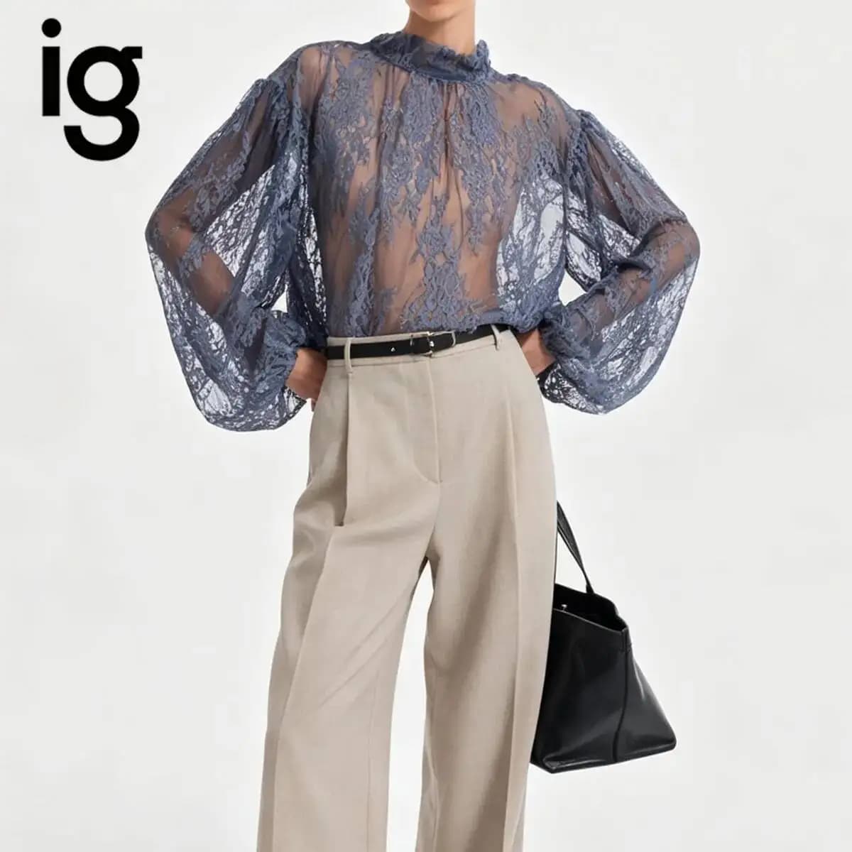 IG 2026 Women's Sheer Lace Blouse, Mock Neck Ruffle Trim Puff Lantern Long Sleeve Scalloped Hem Loose Oversized See Through Top