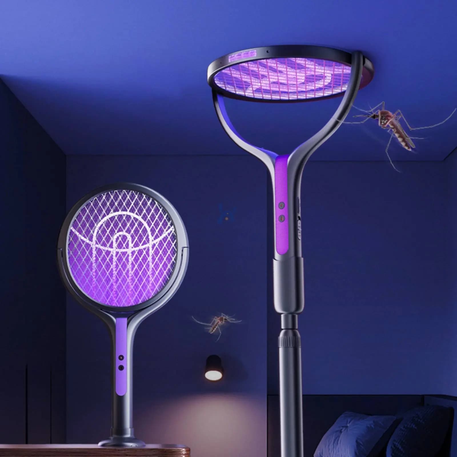 Lampada Anti-Insetti 2-in-1 con Testa Rotante, Dispositivo Elettrico a Batteria per Eliminare Insetti, Racchetta Estensibile Elettrica Anti-Mosche