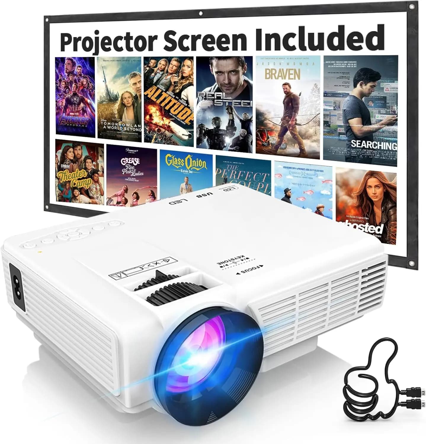 Mini Proiettore 1080P con Schermo, Home Theater Portatile, Bluetooth Bidirezionale, HDMI/USB, Uso Interno ed Esterno, Bianco