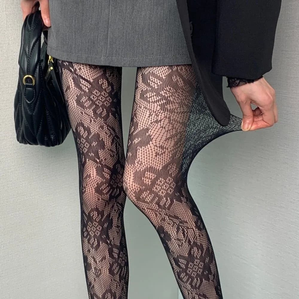 Fashion Thin Floral Lace Tights Breathable Sexy Hollow Out Pantyhose High Elastic Fishnet Stockings Women