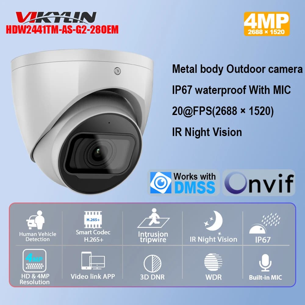 Vikylin Telecamera IP di rete WizSense Starlight IR da 4 MP Microfono incorporato Scheda SD SMD 4.0 Protezione perimetrale Videosorveglianza IP67