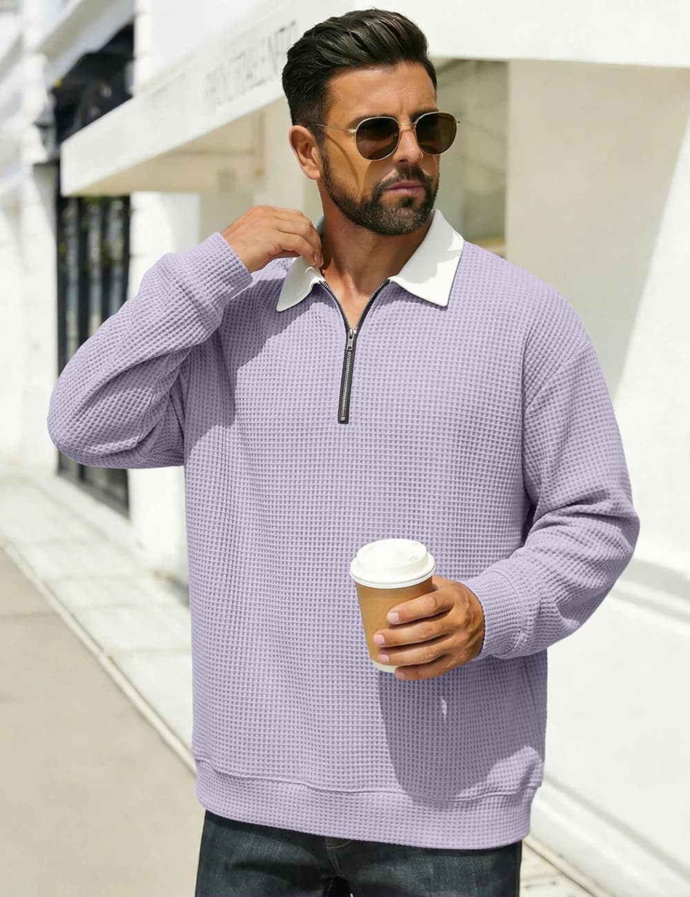 Men's button-down half-zip waffle long-sleeved shirt, loose color-matched casual hoodie, daily commuting long-sleeved T-shirt