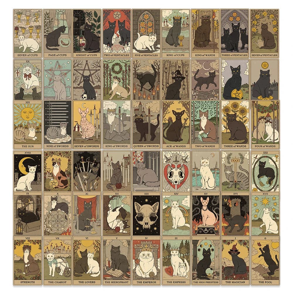 10/30/72 Pezzi Adesivi Vintage Artistici con Carte dei Tarocchi e Gatti Misteriosi, Adesivi Cartoon per Skateboard, Telefono, Valigia, Auto, Decorazioni
