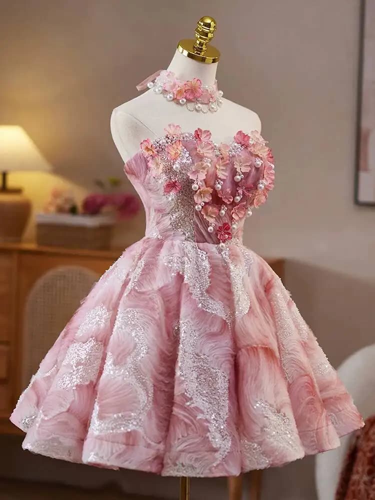 Pink Puff Skirt Sweet Girl Style Short Dress Formal Gown High-end Party Birthday Dress Strapless Princess Dresses