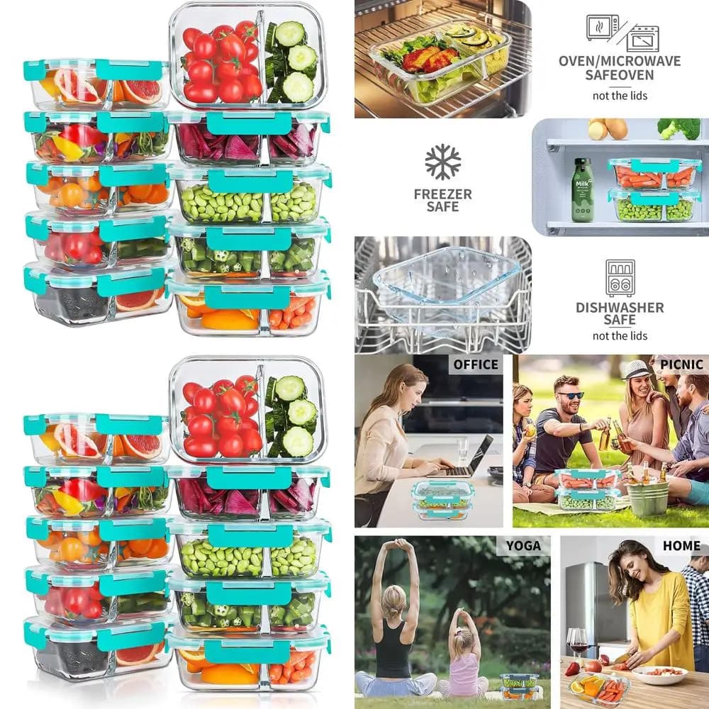 Set di 10 contenitori per la preparazione dei pasti in vetro a 2 scomparti da 30 once con coperchi, a tenuta stagna, adatti per forno e lavastoviglie, verde