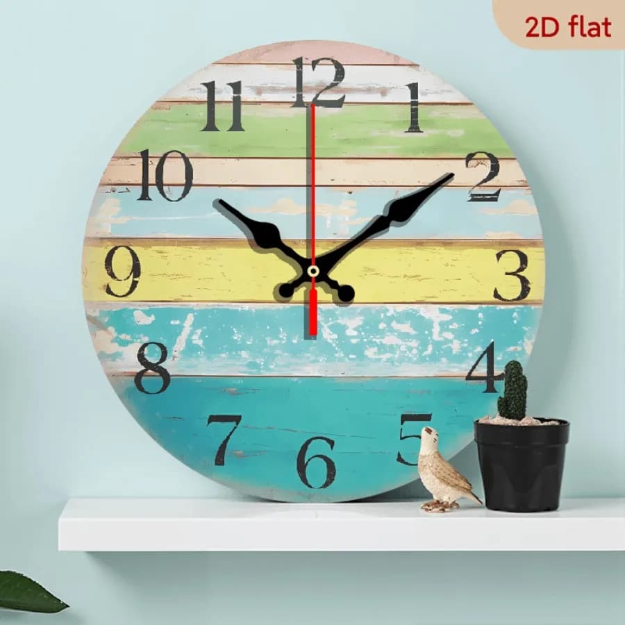 A 10-inch wall-mounted clock, featuring a colorful mosaic design, with distressed wood board mosaic texture. Suitable for space