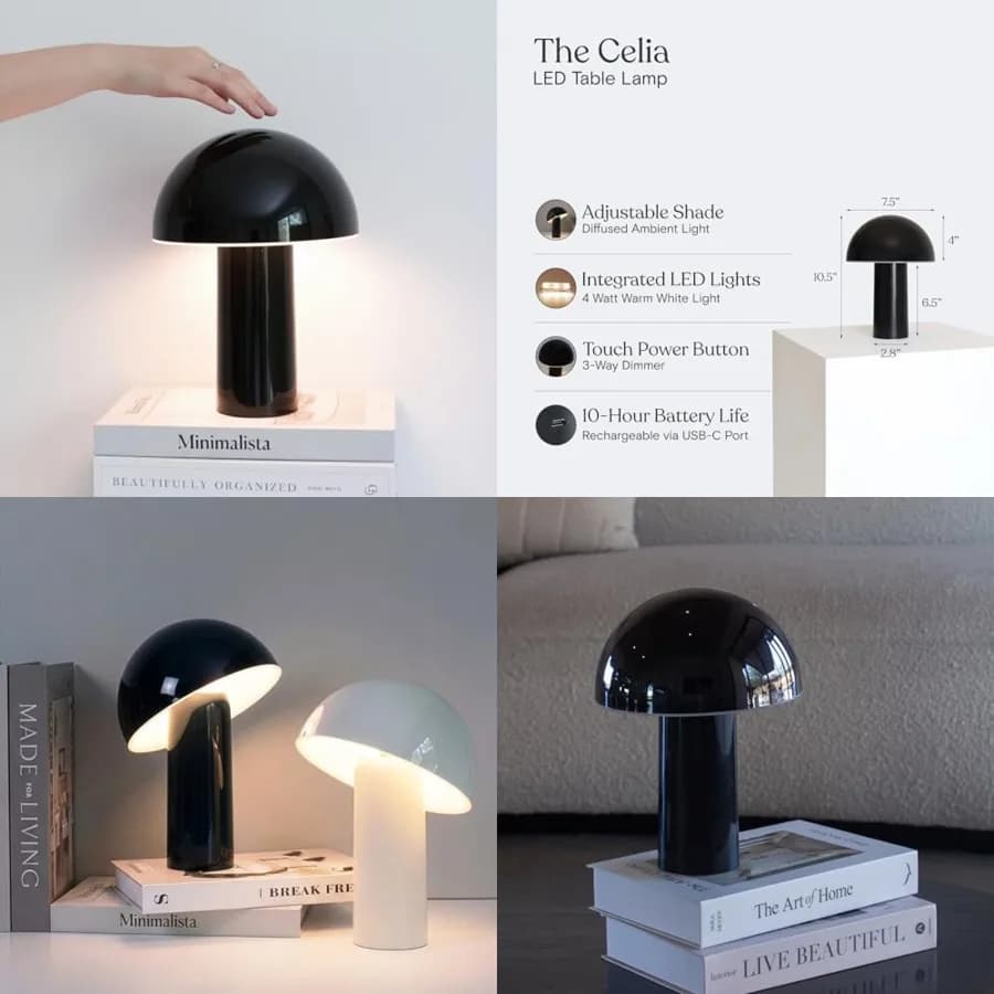 Lampada da Tavolo Celia Small 10" a Forma di Fungo con Controllo Touch, LED Dimmerabile Senza Fili, Luce Notturna Portatile Ricaricabile