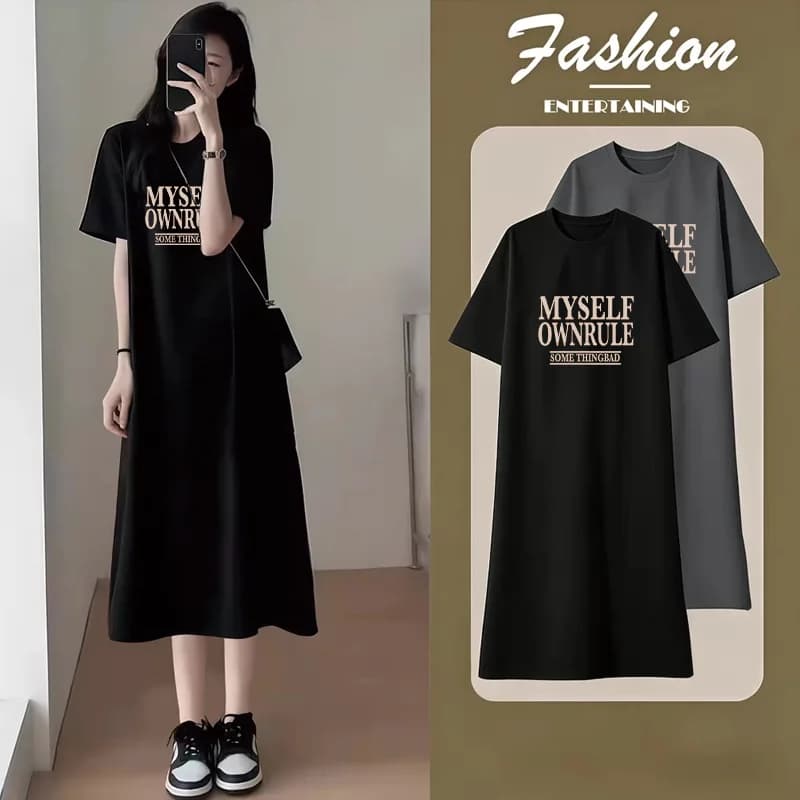 Abito T-Shirt Casual da Donna Estivo, Vestito Lungo Maxi con Stampa Lettering a Maniche Corte, Scollo a O, Spacco, Stile Streetwear