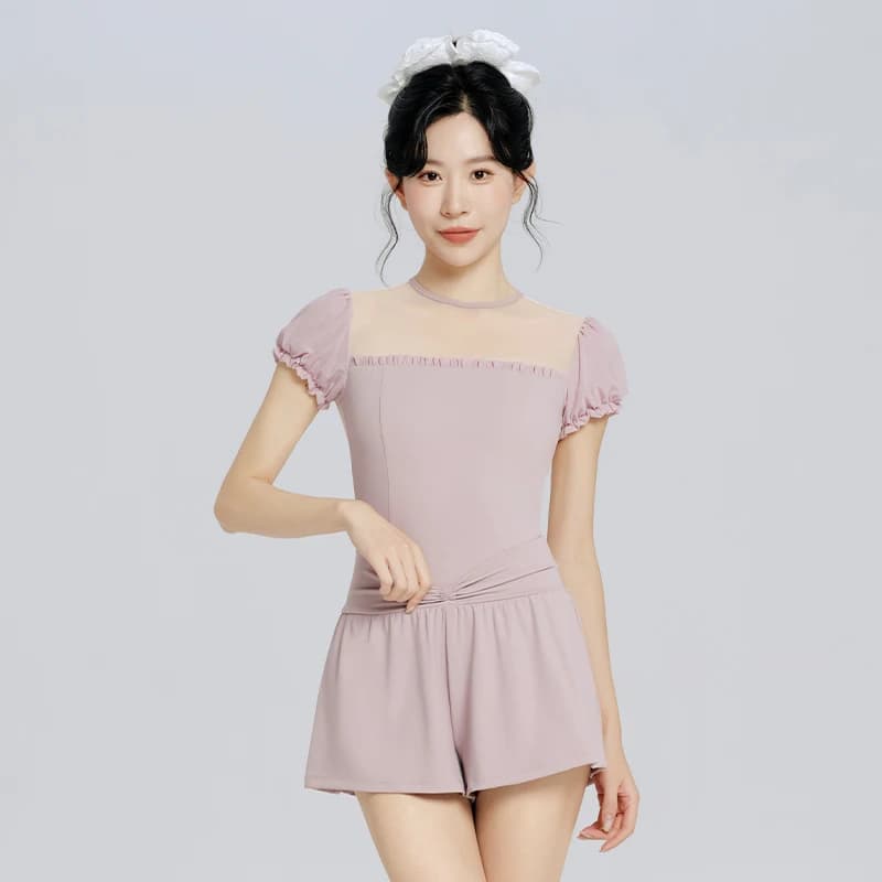 Ivoogle Body da ballo con lacci senza schienale da donna Mesh Patchwork Balletto Manica a sbuffo Body corto Costumi da bagno per adulti