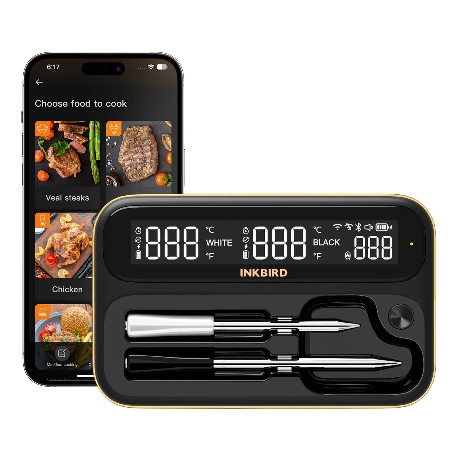 INKBIRD Termometro per carne wireless dual mode, combinato sonda lunga e corta, LCD HD retroilluminato, IP67 impermeabile e allarme per cucinare barbecue