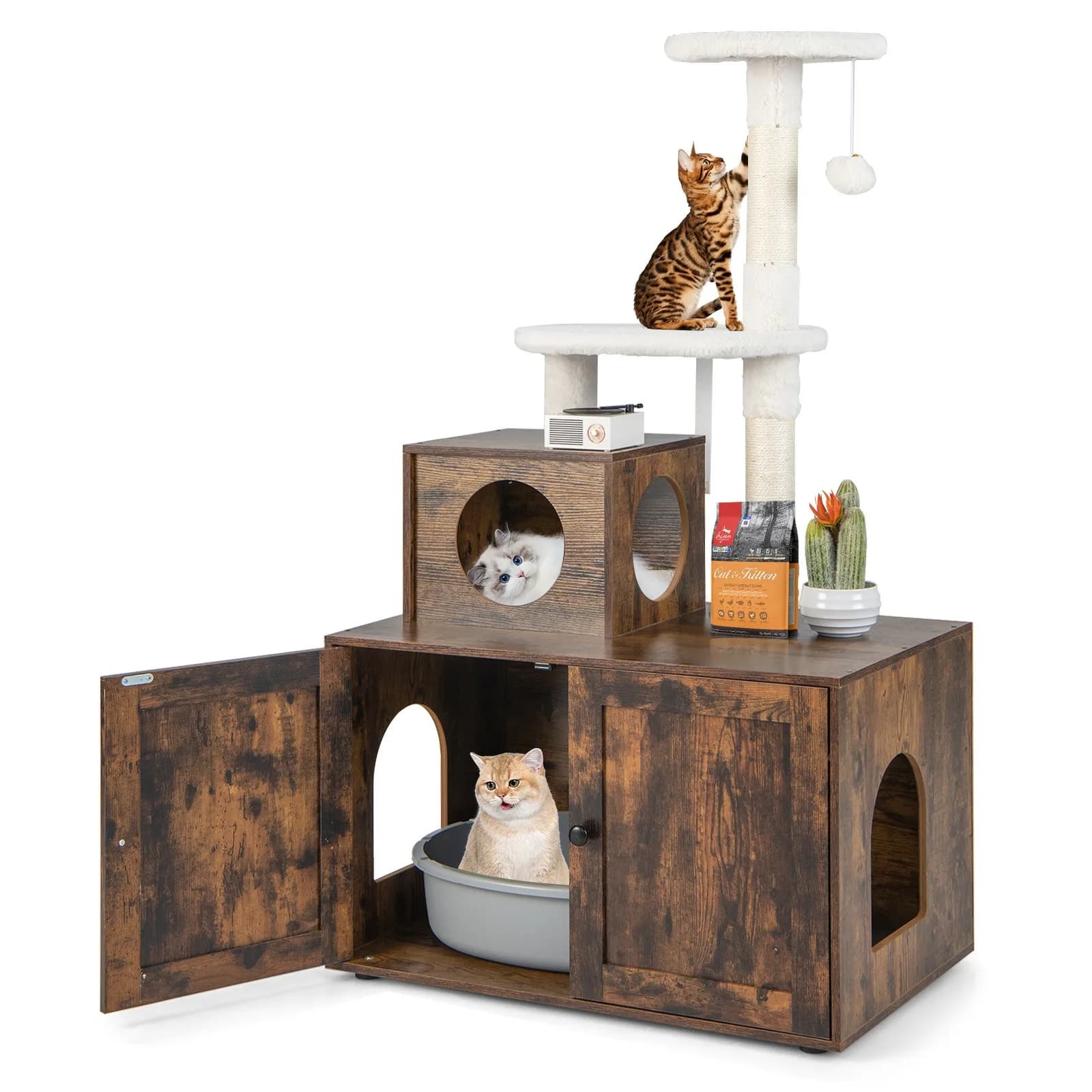 Mobiletto per lettiera 2-in-1 in legno con albero per gatti e bagno nascosto