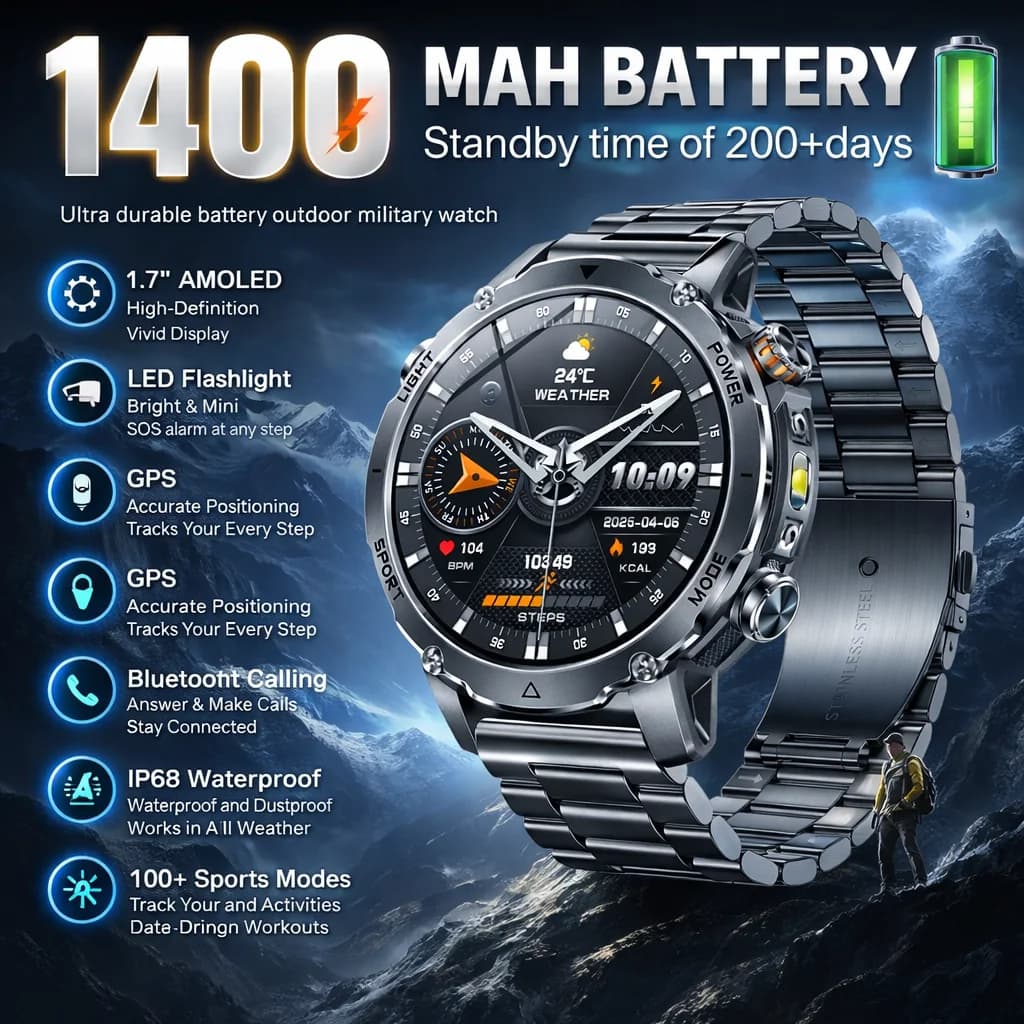 LIGE LED Flashlight Men Sports Bracelet Ultra 1400mAh Battery Military Smart Watch 10ATM Waterproof Heart Rate Smartwatch Men
