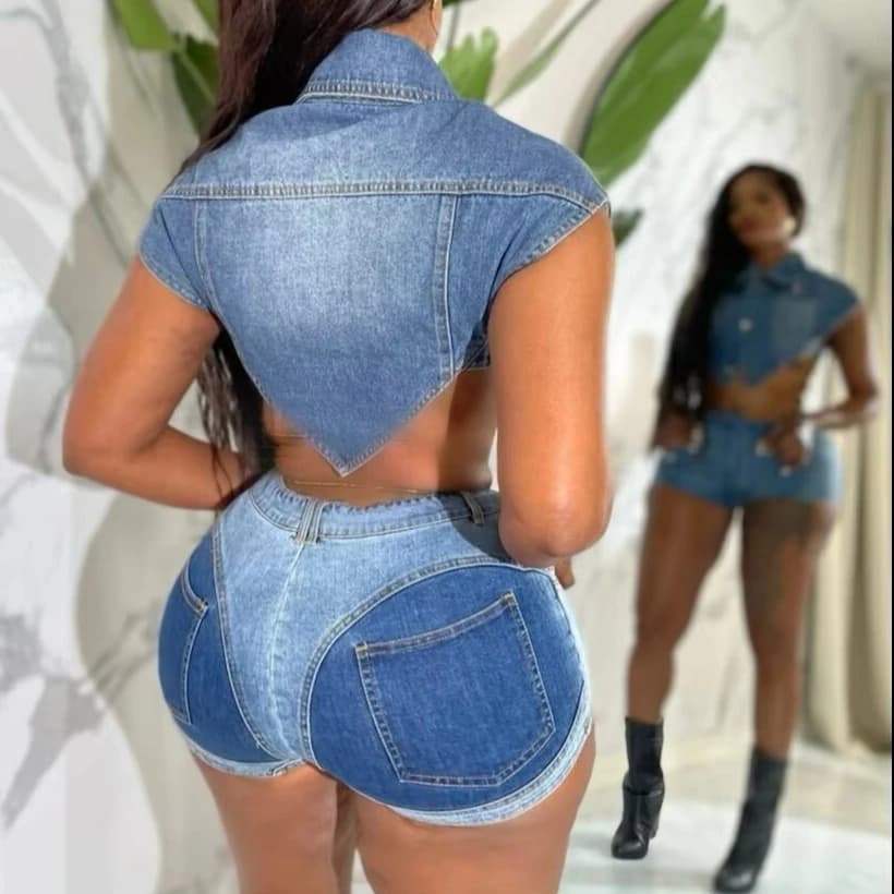 Set da due pezzi Completi in denim da donna Pantaloncini Top monopetto elasticizzato Set coordinati 2025 Y2k Streetwear Pantaloni corti sexy