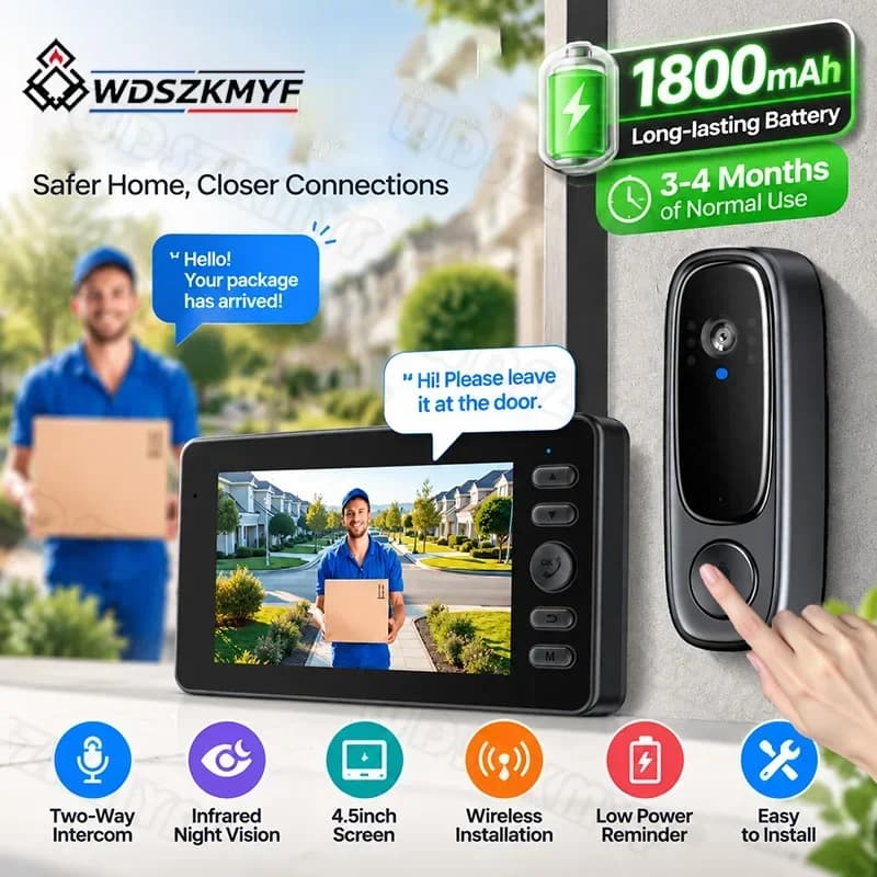 Wireless Camera Intercom Doorbell 4.5" Screen 1080P Two-Way Talk 1800mAh IR Night Vision Outdoor Monitor for Office Home