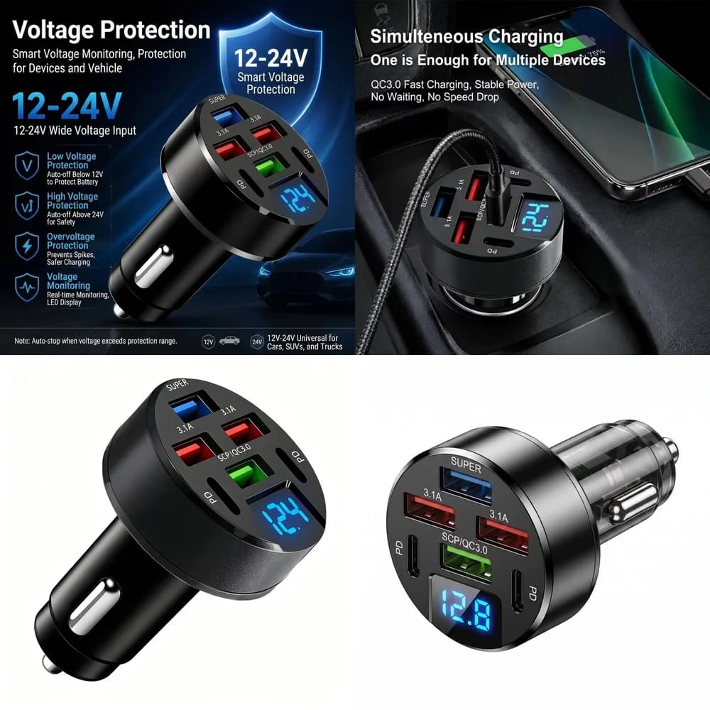 6 in 1 100W Car Charger Multi Port with LED Digital Voltage Display QC3.0 PD USB Fast Charging Adapter for iPhone Samsung