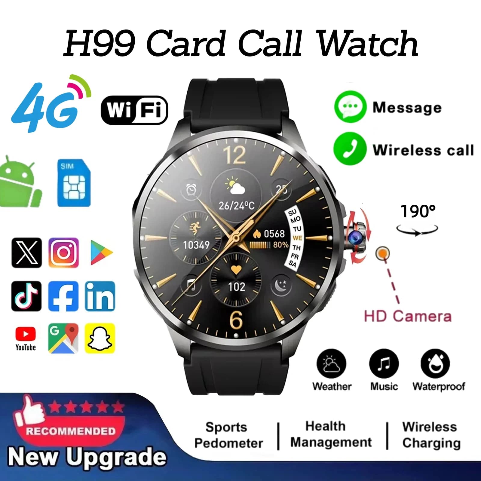 Smartwatch H99 with Android System, Amoled Display and 190 Functions ° Rotating Camera with 1,95 Inch Amoled Screen for Google Play Store