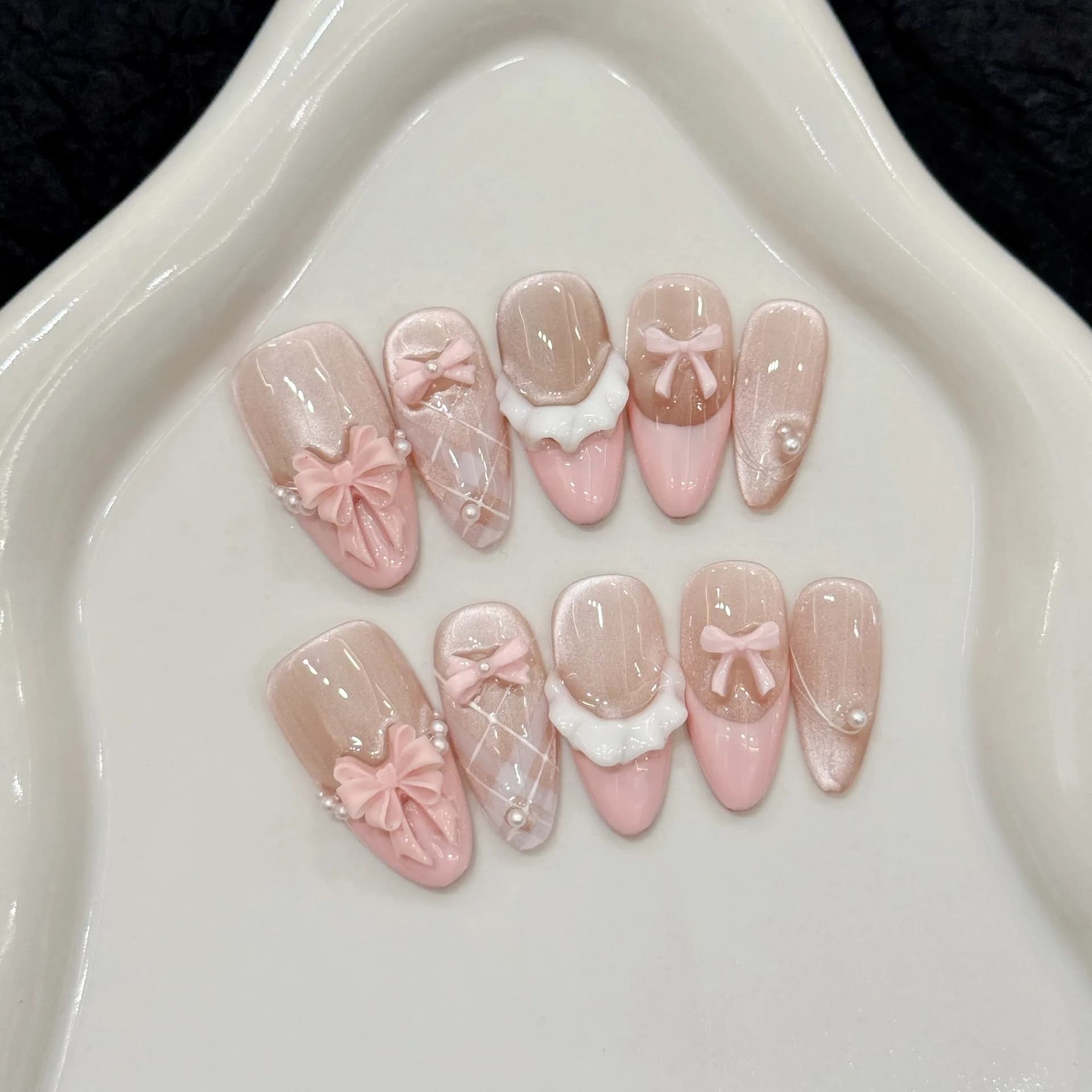 10 pieces handmade print on nails French Cat Eye Pink Bow Decor fake korean nails wearable full cover ins almond tips for fake nails