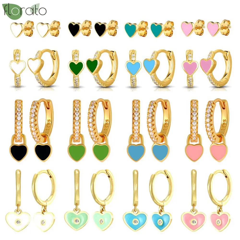 Orecchini a cerchio Color argento con orecchini a goccia con ciondolo a forma di cuore smaltato Color caramella carino Color oro per gioielli da festa per ragazze