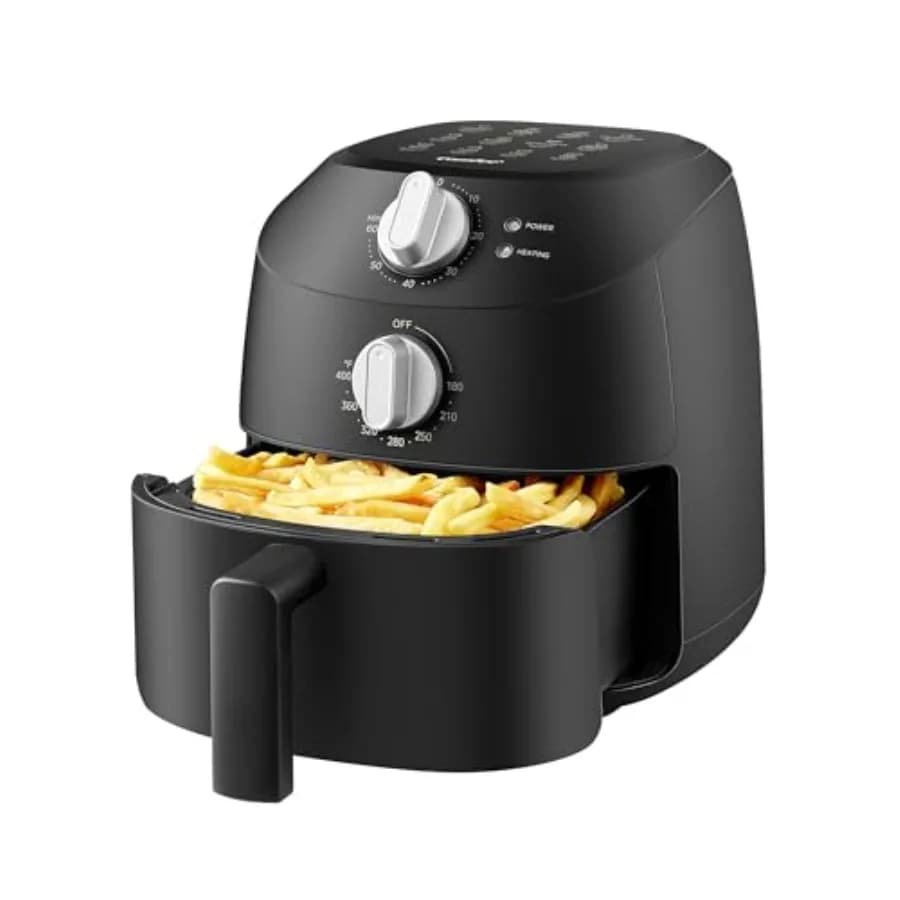 Friggitrice ad aria compatta da 2,1 litri per uso domestico, con cestello antiaderente nero, 12 preimpostazioni, timer e temperatura regolabili da 180-400°F.
