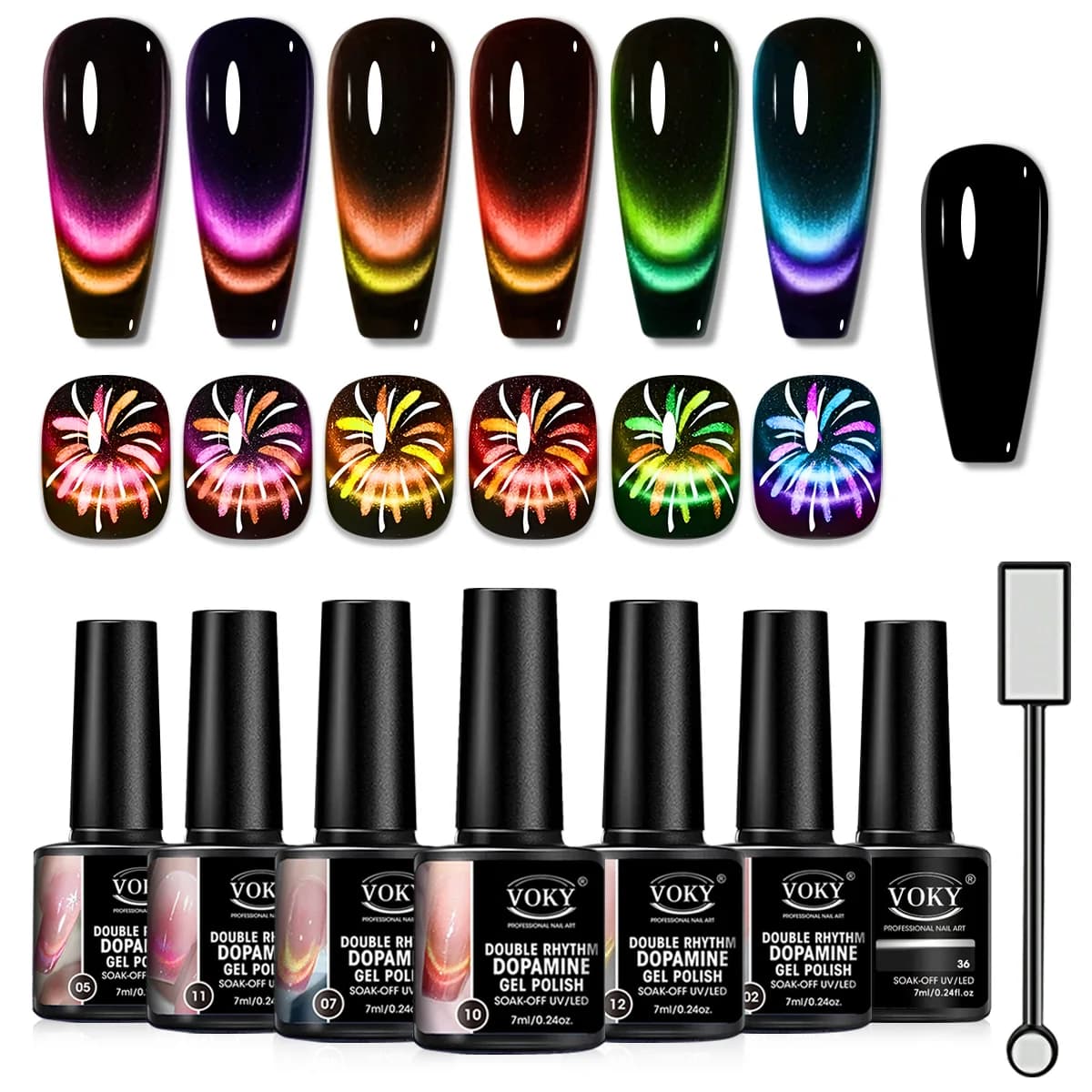 VOKY 7 pezzi set di smalti per unghie gel Cat Eye doppio colore, 6 colori di gel UV + gel base nero + stick magnetico e nail art fai da te