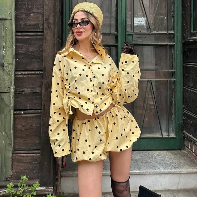 Typhaland Casual Polka Dot Short Sets Women's Fashion Loose Long Sleeve Jacket Coat Commute Shorts Matching Set 2026 Spring New