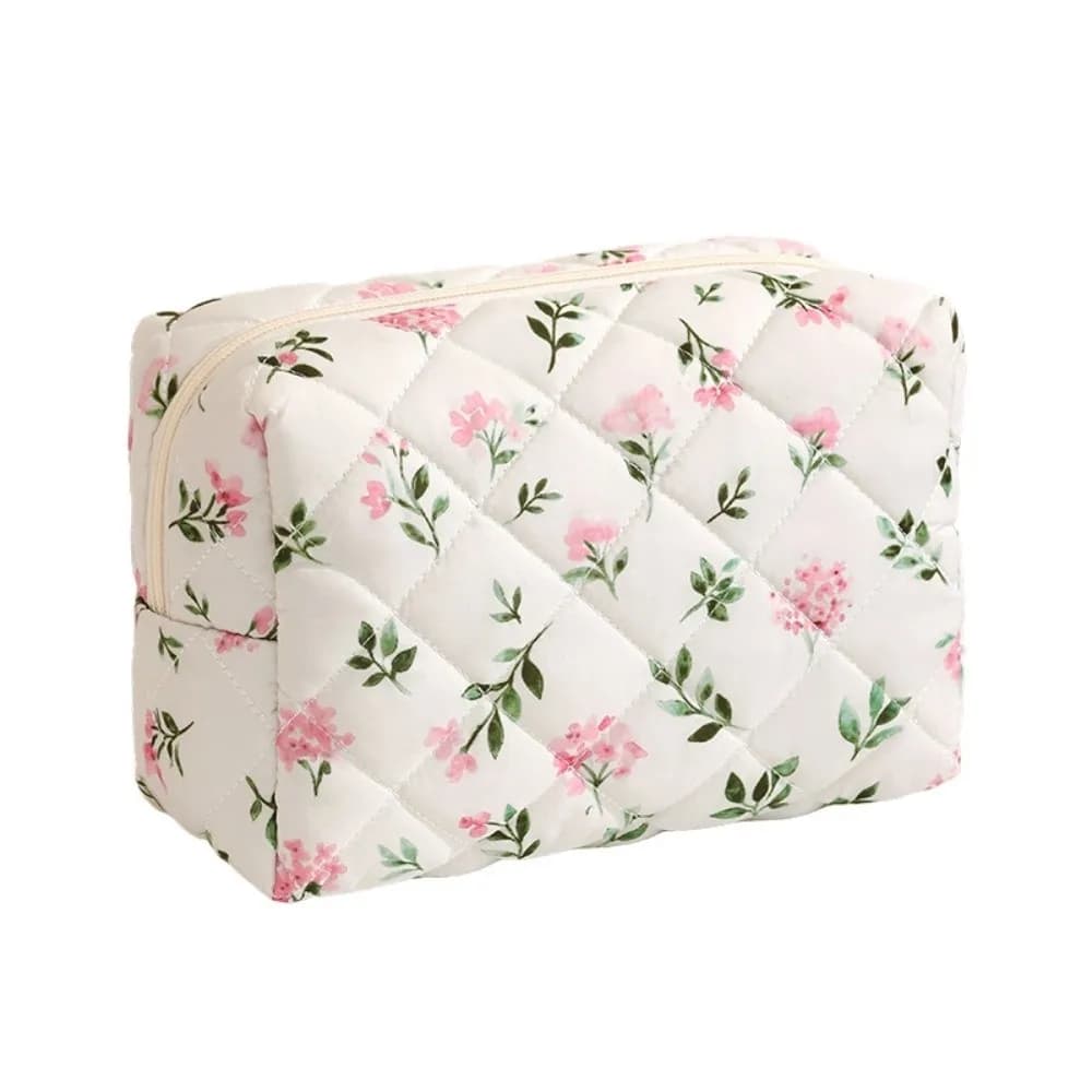 Portable Quilted Makeup Bag Flower Printed Large Capacity Travel Toiletry Handbag Lightweight Cosmetic Pouch for Women