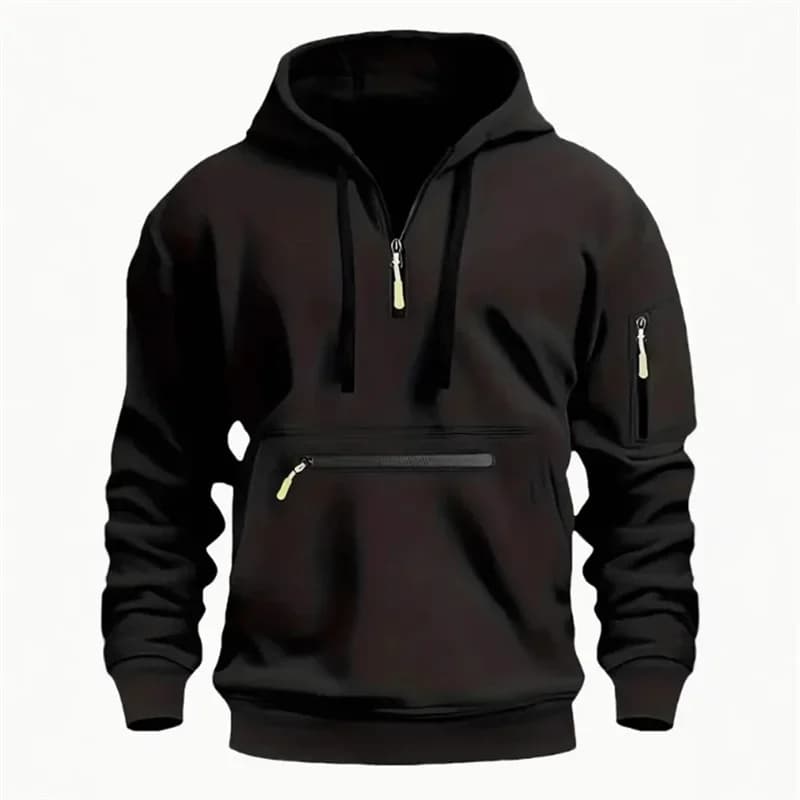 Men's Half-Zip Hoodie Multi-Pocket Utility Workwear Sweatshirt Casual Outdoor Athletic Pullover Top