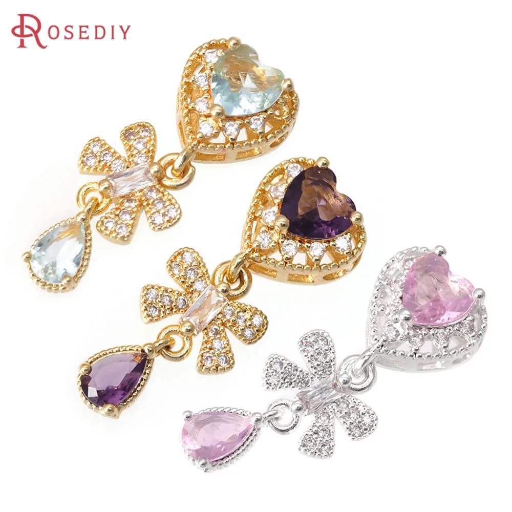 2PCS 18K Gold Color Brass Zircon Heart Spacer Beads Bracelet Beads Charms High Quality Diy Jewelry Accessories Making Supplies