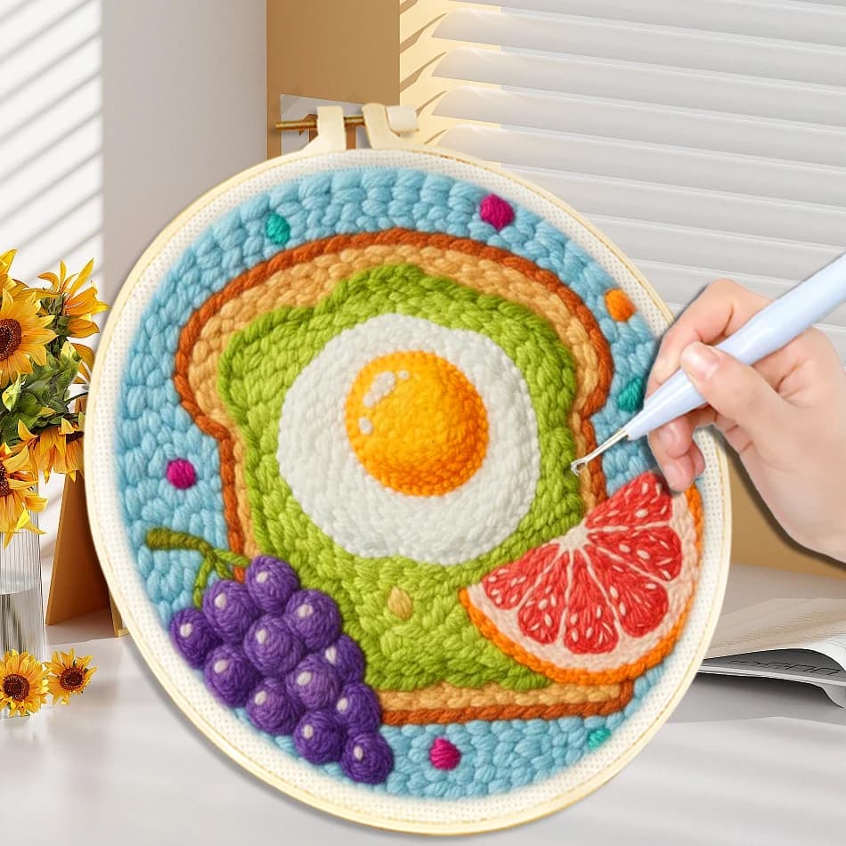 Punch Needle Embroidery Kit Cartoon Fruit Starter Set Egg Toast Cross Stitch Tools For Knitting Kit Needlework DIY Craft