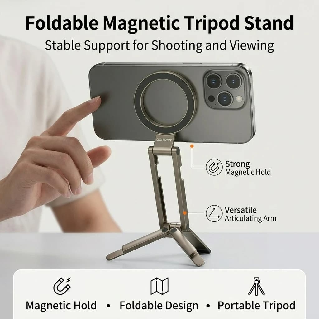 Magnetic Phone Holder for Desk, Folding Tripod Stand for Magsafe, Adjustable Magnet Bracket for IPhone 17 16 15 14 Pro Max