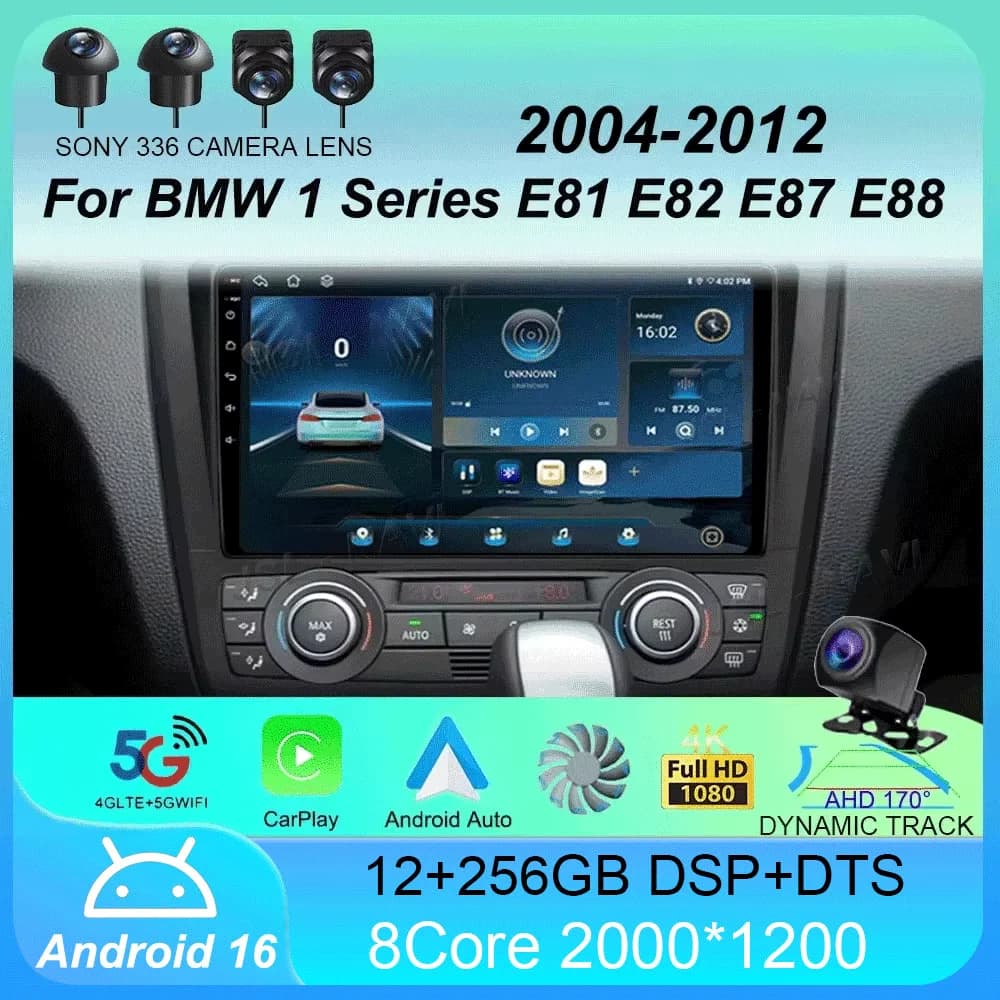 Autoradio Android 16 per BMW Serie 1 E81 E82 E87 E88 2004 - 2012, Lettore Multimediale con Carplay, Senza DVD 2Din