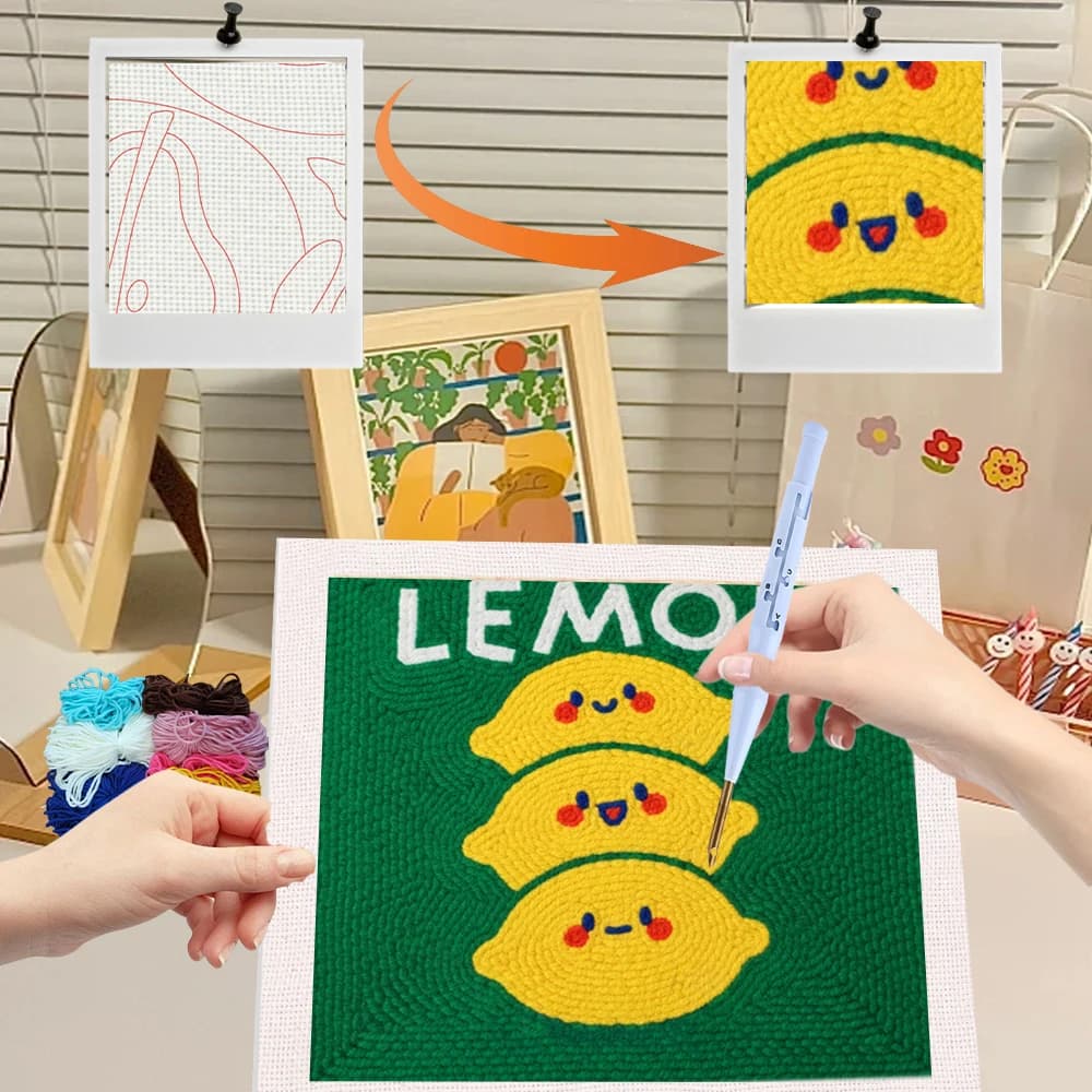 Fruit Landscape Punch Needle Embroidery 25x25cm DIY Crafts Sewing Set with Frame for Home Decor Creative And Fun