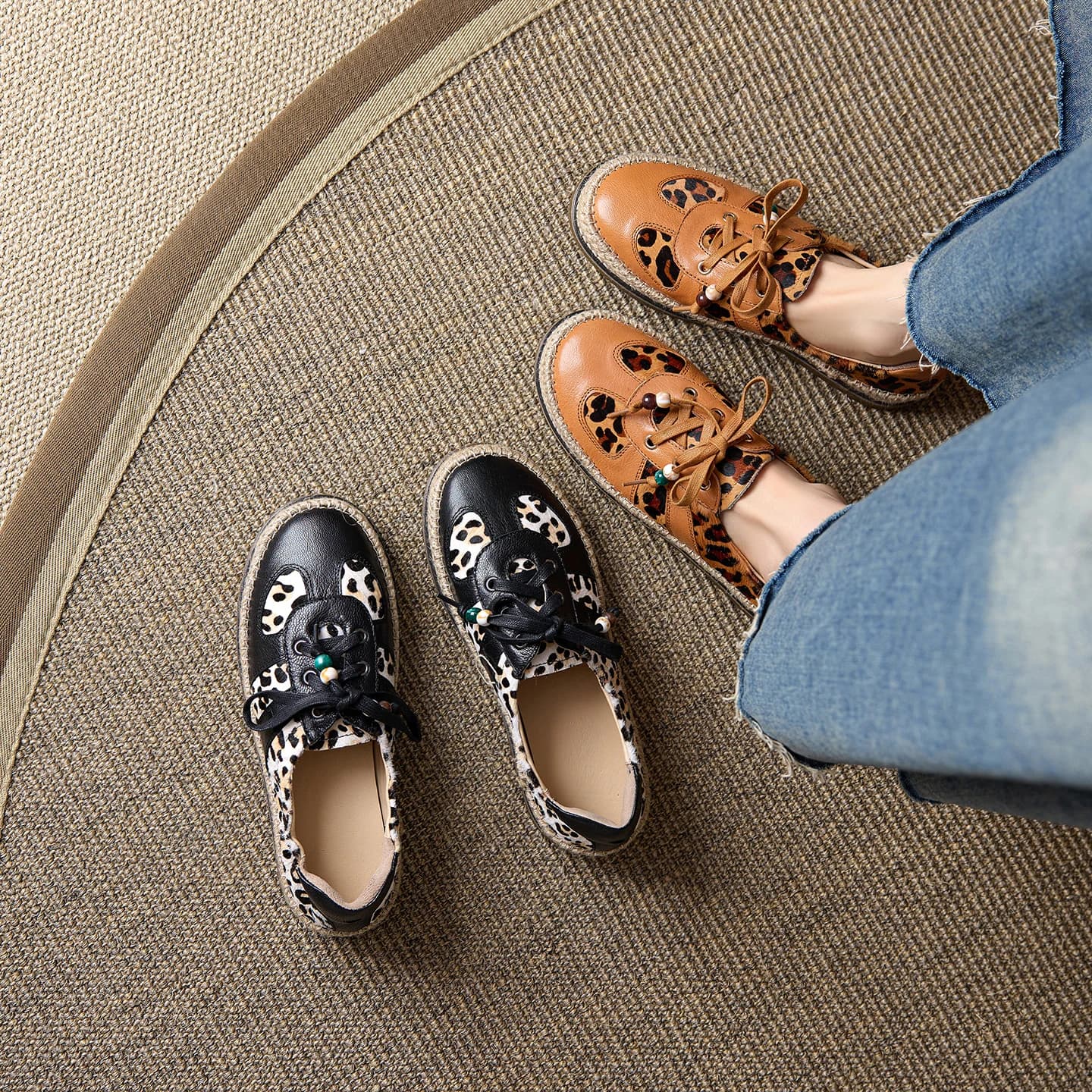 2026 new spring summer women pumps natural leather plus size 22-25cm printing horsehair+sheepskin round toe lace-up women shoes