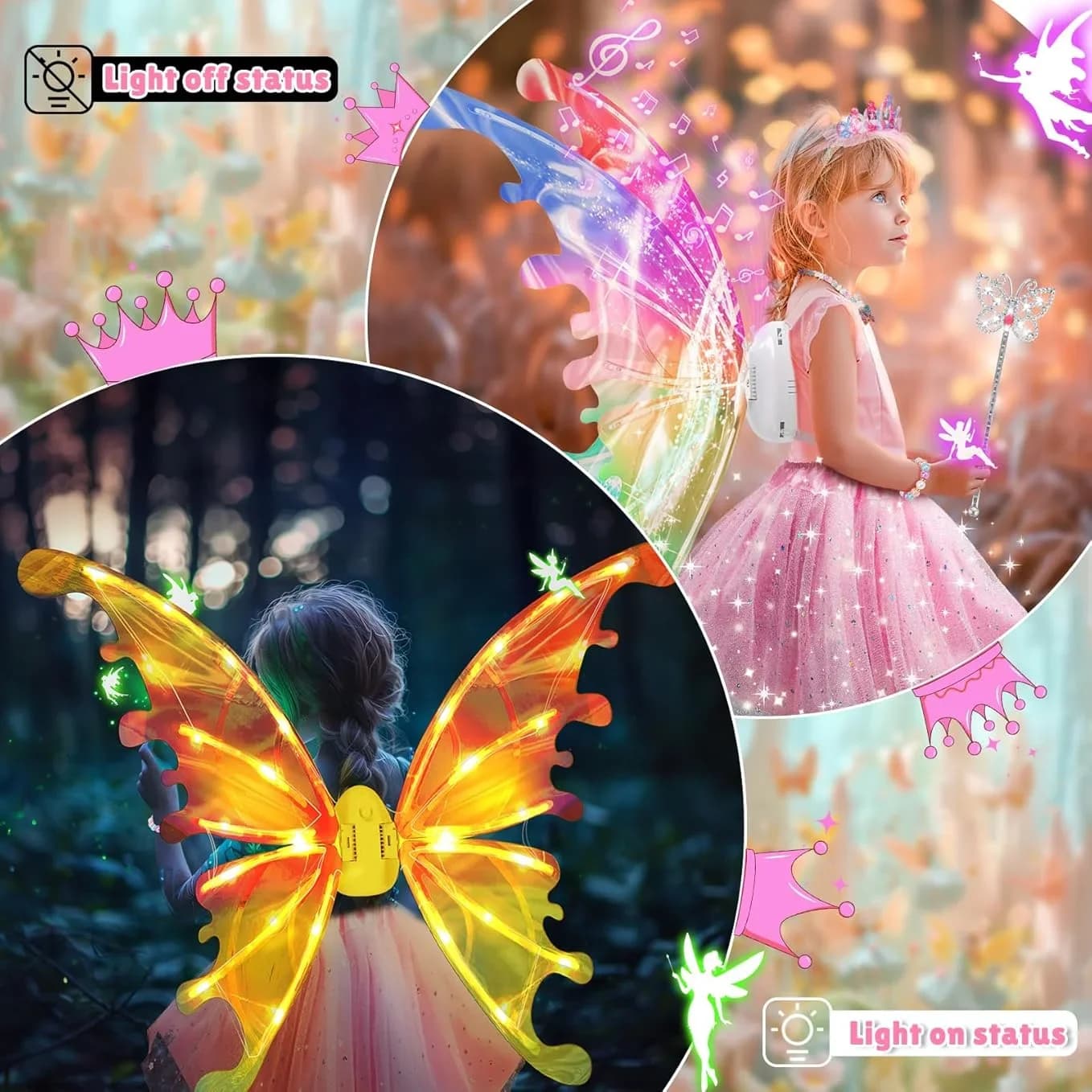 Halloween Bambini Elettrico con Luci Musicali Ali di Farfalla Ali di Elfo Costume Magico Led Pipistrelli Ala Cosplay Ali di Fata Giocattolo