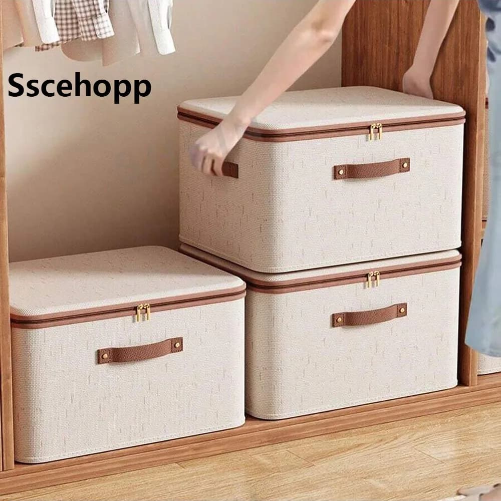 Zipper Flip Lid Cotton Linen Storage Box Foldable Washable PU Leather Reinforced Handle Wardrobe Clothes Blanket Organizer Bin