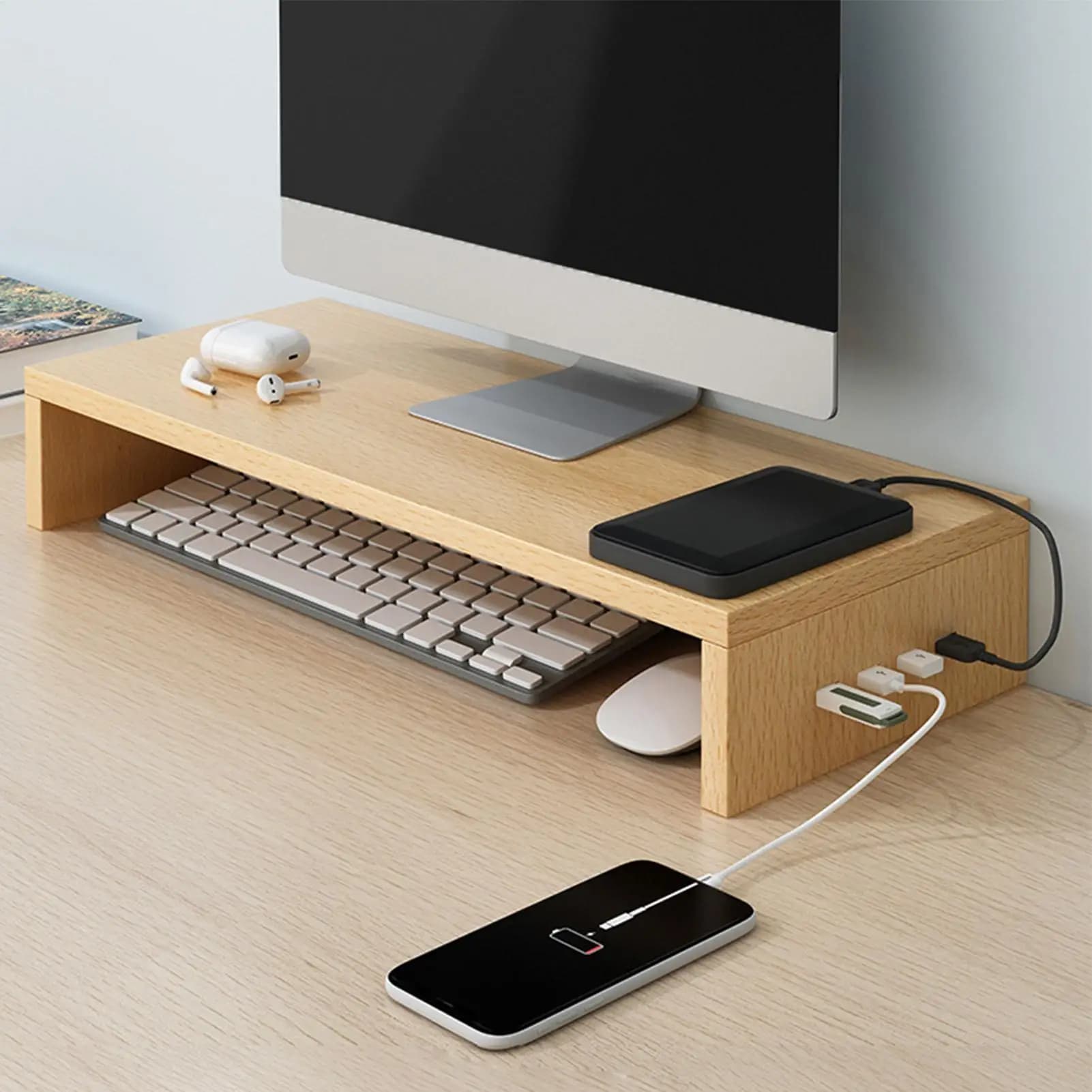 Support for monitor Riser Ventilation shelf Riser for monitor with 4 USB ports Office printer holder Wooden office keyboard shelf