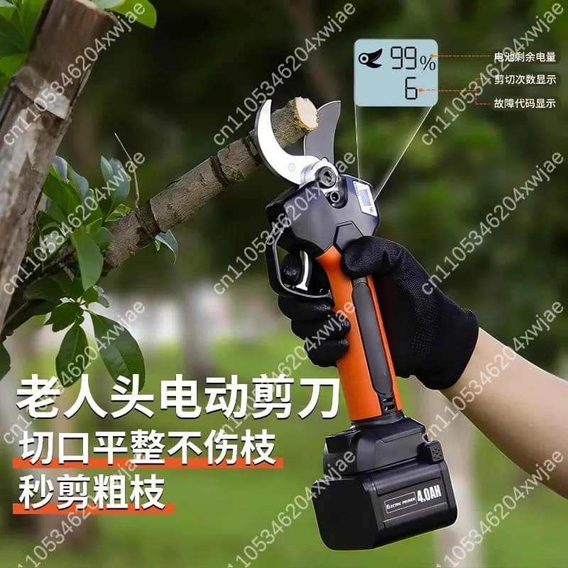Battery-powered electric pruning shears, lithium battery powered, to cut garden trees