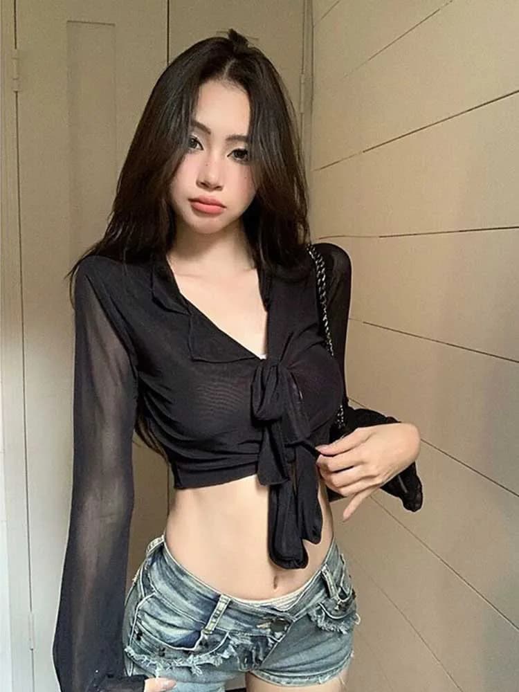 Ice Silk Mesh Shirt Women's Summer Shoulder Wrap with Strap Thin Veil Cover Black Sunscreen Open Cardigan Thin Shirt