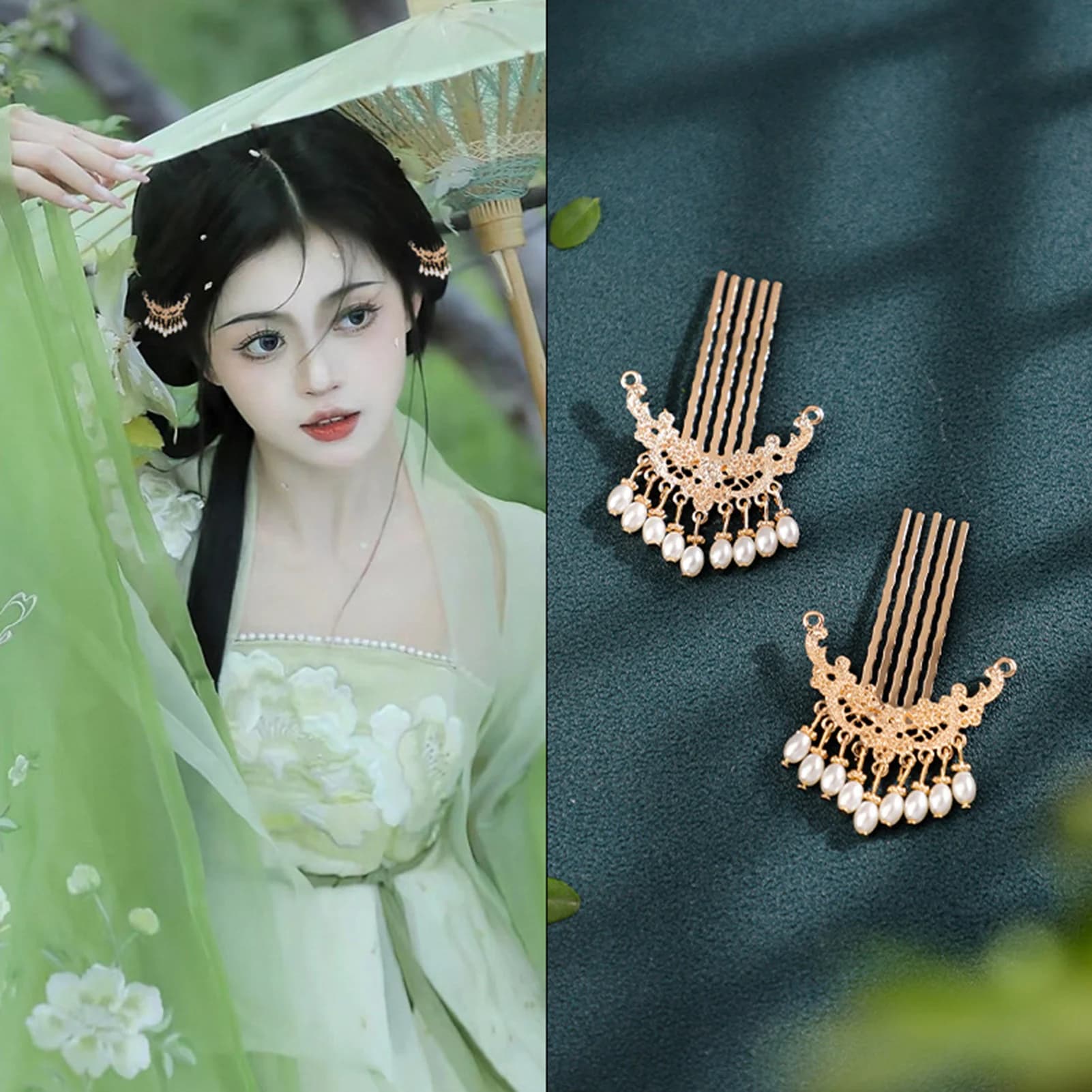 1 paio di forcine per capelli in stile cinese per donna, pettini per capelli con nappa di perle vintage, accessori per capelli Hanfu di lusso leggero ed elegante