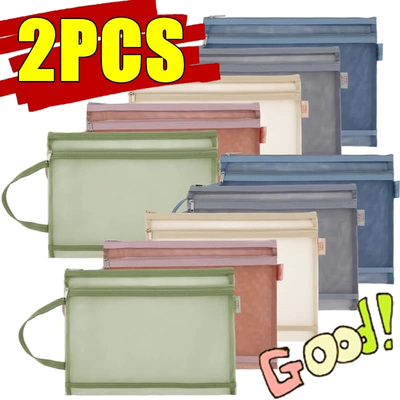 1/2PCS A4 Borsa portaoggetti per cancelleria Borsa con cerniera in rete a doppio strato Organizzatore di grande capacità Borsa per trucco Cartelle di file Forniture per ufficio